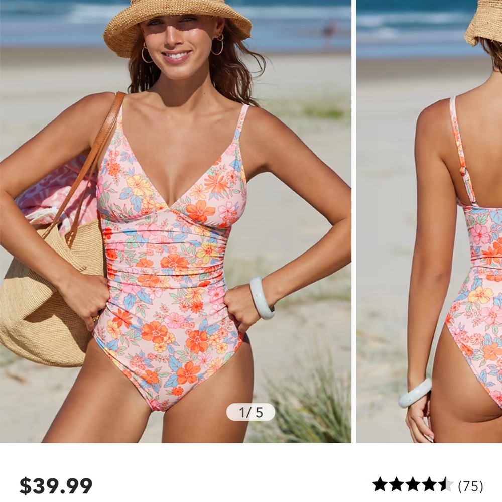 Cupshe Pink and Orange One Piece Swimsuit Floral V-Neck